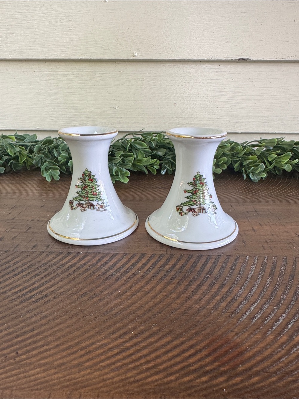 Vintage White Porcelain Christmas Tree Candlestick Holders with Gold Trim